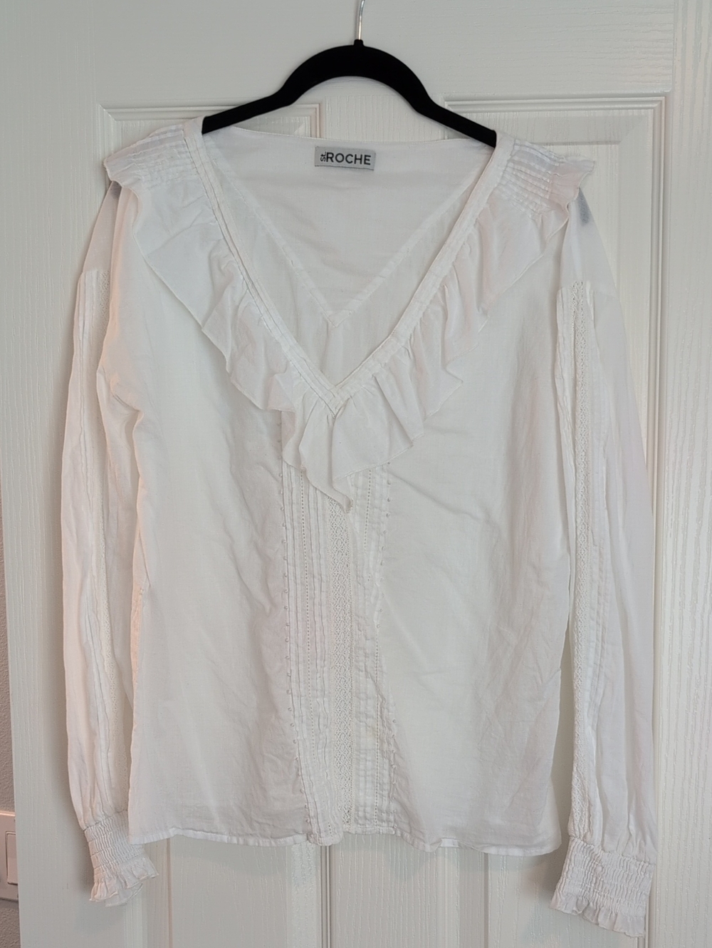 St Roche White Ruffled V-Neck Long-Sleeve Top Sz M